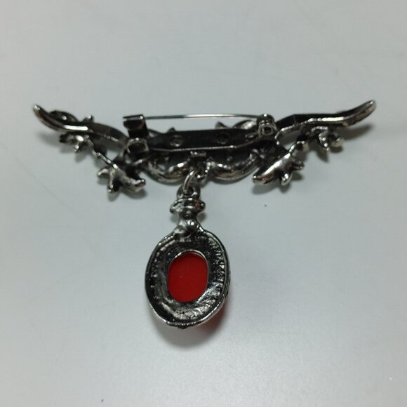 Antique Red Carnelian Stone Brooch or Hat Jewelry Silverplated in Bezel Setting - Picture 4 of 10